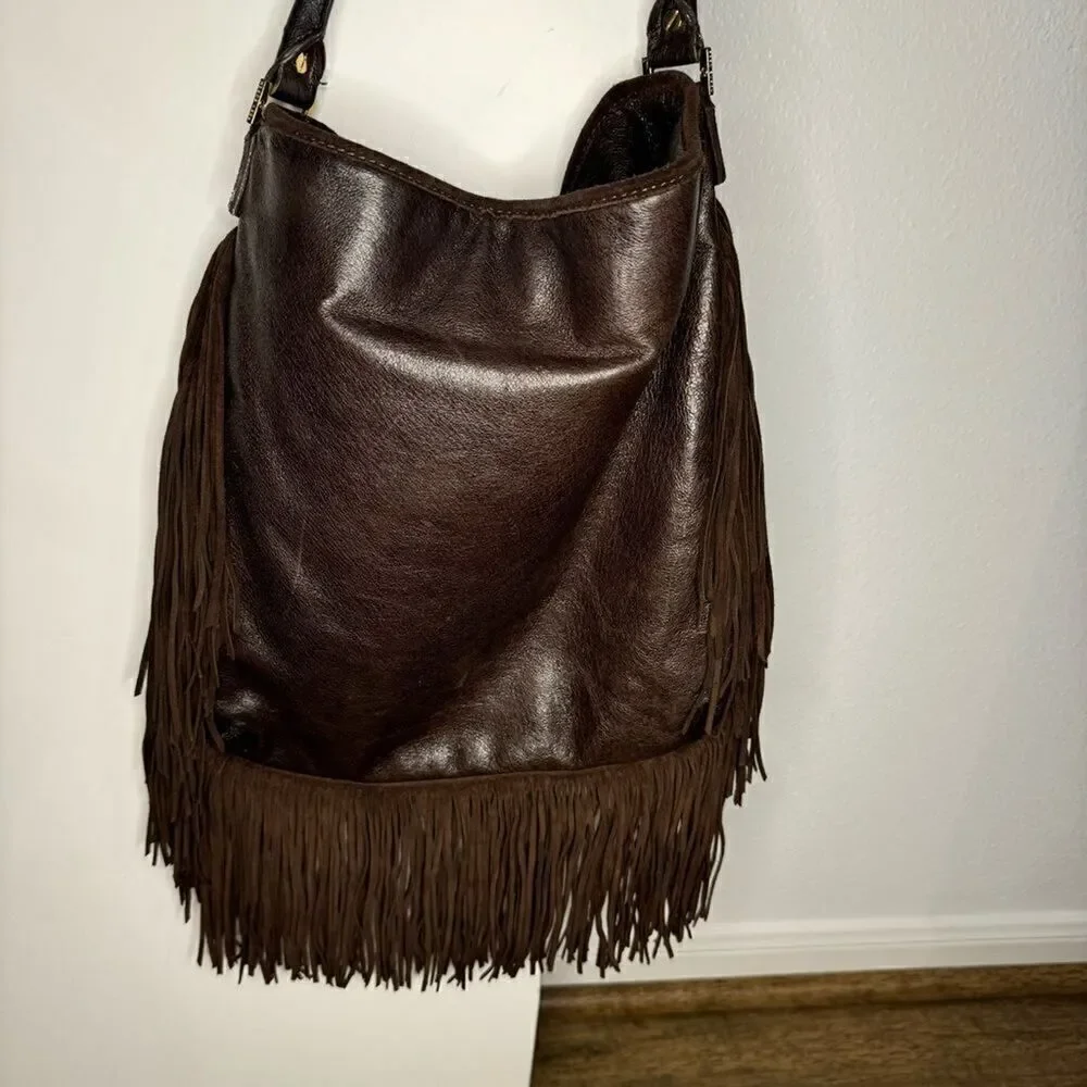 Tory Burch Dark Brown Fringed Leather Suede Hobo Bag